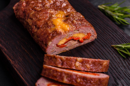 Delicious fresh ground beef meat roll with cheese, tomatoes and sweet peppers baked with spices and herbs. Making Food for a family dinnerの写真素材