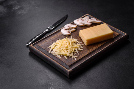 Raw pasta, mushrooms, onions, mince, spices and herbs to make a delicious paste with tomato sauce against a dark concrete backgroundの写真素材