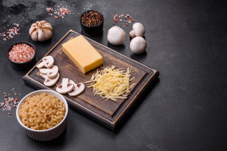 Raw pasta, mushrooms, onions, mince, spices and herbs to make a delicious paste with tomato sauce against a dark concrete backgroundの写真素材