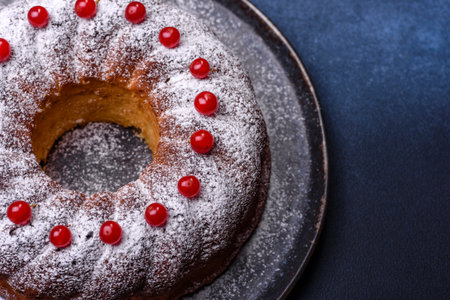 Homemade delicious round Christmas pie with red berries on a ceramic plate against a dark concrete backgroundの写真素材