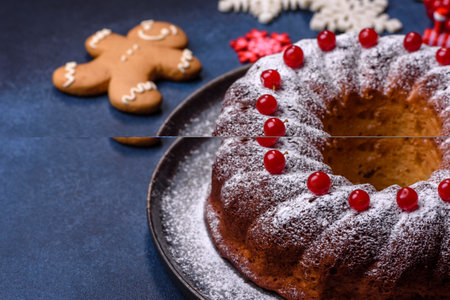 Homemade delicious round Christmas pie with red berries on a ceramic plate against a dark concrete...
