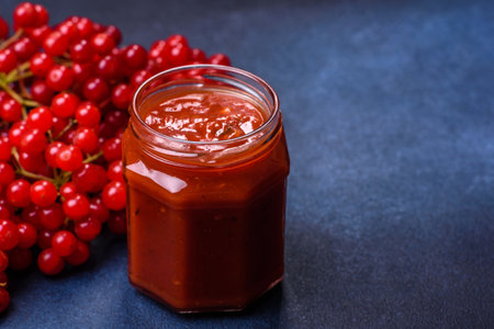 Viburnum fruit jam in a glass jar on a dark concrete background near the ripe red viburnum berries. Source of natural vitaminsの写真素材