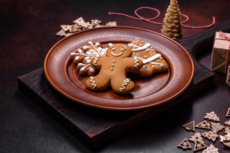 Beautiful gingerbread on a brown ceramic plate with Christmas tree decorations on a dark concrete background. Getting home ready for Christmasの写真素材