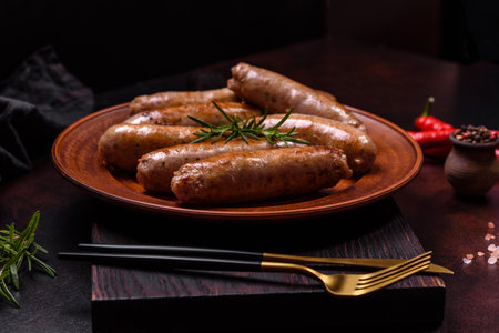 Roasted sausages grill with spices and herbs with salt and pepper on a dark concrete background. Meat dish cooked over an open fireの写真素材