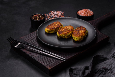Diet vegetable cutlet from zucchini, carrot, herbs on a black plate on a dark concrete table. healthy foodの写真素材