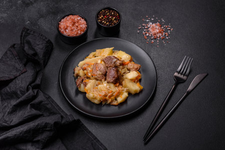 Delicious vegetable stew with beef, potatoes, carrots and cabbage in a black plate against a dark...