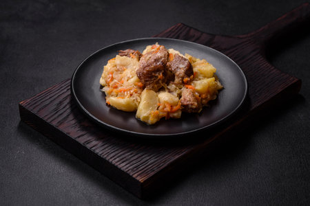 Delicious vegetable stew with beef, potatoes, carrots and cabbage in a black plate against a dark concrete backgroundの写真素材
