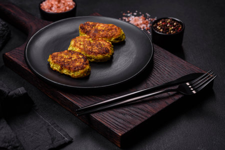 Diet vegetable cutlet from zucchini, carrot, herbs on a black plate on a dark concrete table....