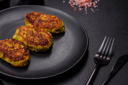Diet vegetable cutlet from zucchini, carrot, herbs on a black plate on a dark concrete table....