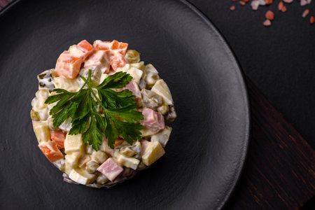 Delicious fresh Olivier salad with sausage, egg, cucumber, green peas, carrots and mayonnaise. hearty calorie foodの写真素材