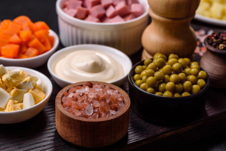 Delicious fresh Olivier salad with sausage, egg, cucumber, green peas, carrots and mayonnaise. hearty calorie foodの写真素材