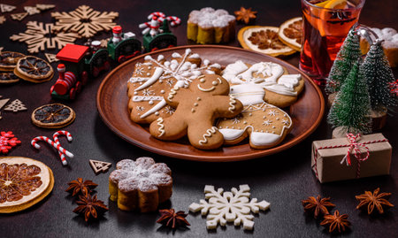 Hot mulled wine with a slice of orange, with cinnamon, cloves and other spices with chocolate...