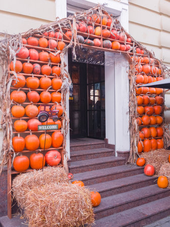 Beautifully decorated with pumpkins wooden shelves showcase shop or cafe. Street decorations in the city for Halloween and Thanksgivingの写真素材