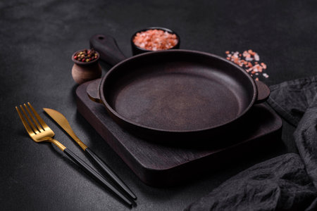 Brown iron empty pan with kitchen utensils on a dark concrete background. Cooking at homeの写真素材