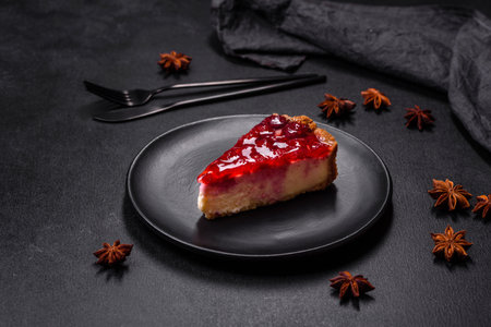 Homemade tasty cheesecake with jelly and raspberry berries on a black plate on a dark concrete...