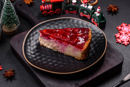 Homemade tasty cheesecake with jelly and raspberry berries on a black plate on a dark concrete backgroundの写真素材