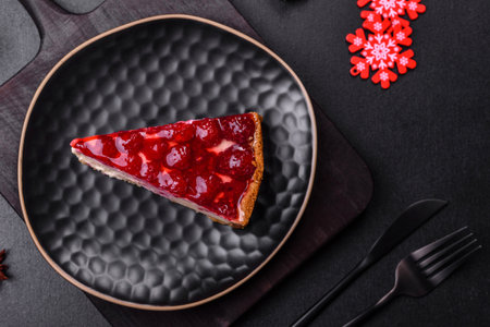 Homemade tasty cheesecake with jelly and raspberry berries on a black plate on a dark concrete...