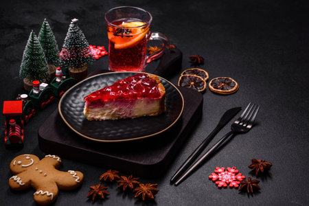 Homemade tasty cheesecake with jelly and raspberry berries on a black plate on a dark concrete backgroundの写真素材