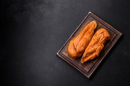 Tasty smoked fillet of chicken breast with spices and herbs on a wooden cutting board on a dark...