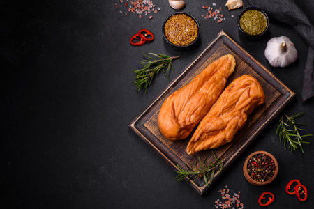 Tasty smoked fillet of chicken breast with spices and herbs on a wooden cutting board on a dark...
