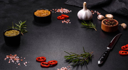 Ingredients for cooking at home: pepper, salt, rosemary, spices and herbs on a dark concrete backgroundの写真素材