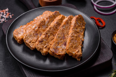 Tasty meat brawn or roll on a wooden cutting board with spices and herbs on a dark concrete backgroundの写真素材