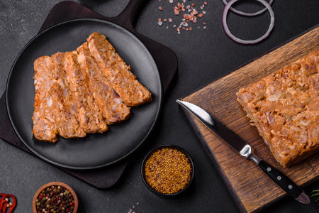 Tasty meat brawn or roll on a wooden cutting board with spices and herbs on a dark concrete...