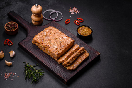 Tasty meat brawn or roll on a wooden cutting board with spices and herbs on a dark concrete...