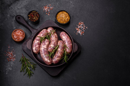 Raw pork sausages grill with spices and herbs on a dark concrete table. Cooking at homeの写真素材