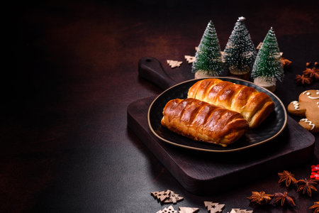 Sweet tasty fresh festive baking on a dark concrete background. Preparing for Christmas Eveの写真素材