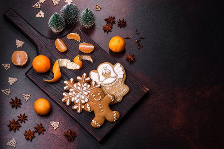 Beautiful Christmas decorations with holiday toys, clementines and gingerbread on a dark concrete background. Preparing the Christmas tableの写真素材