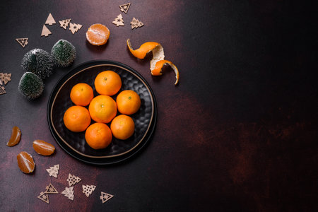 Beautiful Christmas decorations with holiday toys, clementines and gingerbread on a dark concrete background. Preparing the Christmas tableの写真素材