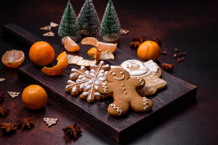 Beautiful Christmas decorations with holiday toys, clementines and gingerbread on a dark concrete background. Preparing the Christmas tableの写真素材