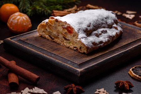 Christmas pie stollen with marzipan, berries and nuts on a dark concrete background. Preparation of the festive tableの写真素材
