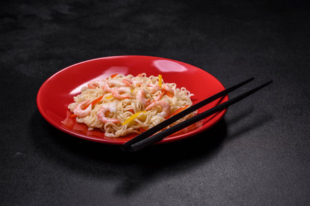 Delicious fresh rice noodles with shrimp, spices and herbs on a dark concrete backgroundの写真素材