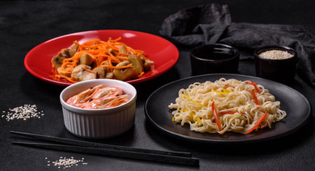 Delicious fresh rice noodles with shrimp, spices and herbs on a dark concrete backgroundの写真素材