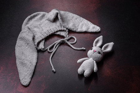Cute knitted gray hat with ears for a small baby with a knitted doll in the form of a hare