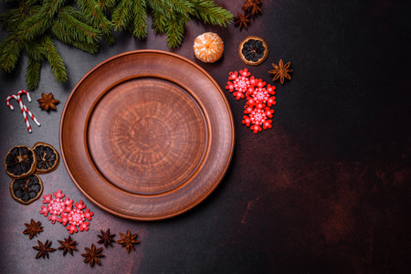 Christmas table with empty plate and surface with New Year's decorations. Preparation of a holiday dinnerの写真素材