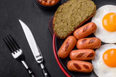 Tasty English breakfast of fried eggs, beans, asparagus, sausages with spices and herbs on a dark concrete backgroundの写真素材