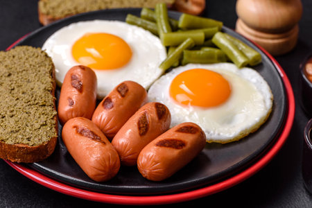 Tasty English breakfast of fried eggs, beans, asparagus, sausages with spices and herbs on a dark concrete backgroundの写真素材