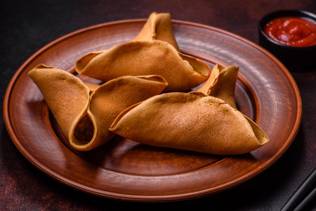 Tasty fresh pancakes with meat, sheep, spices and herbs on a dark concrete background