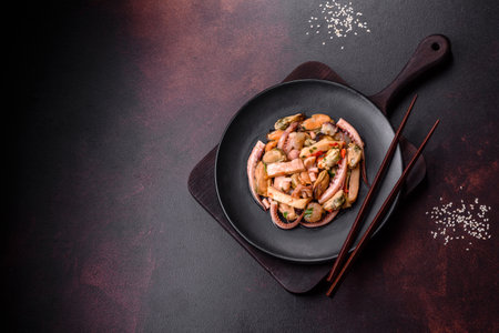 Delicious pickled seafood salad or cocktail on a black plate against a dark concrete background