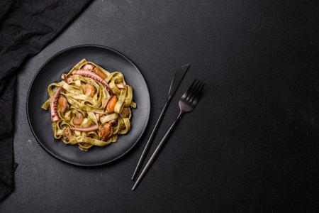 Delicious fresh pasta with pesto sauce and seafood on a black plate against a dark concrete backgroundの写真素材