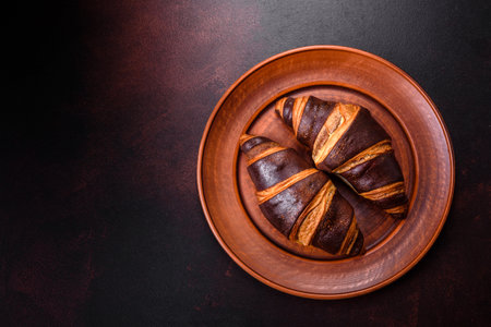 Beautiful tasty fresh crispy croissant on a dark concrete background. Dessert for a delicious nutritious breakfastの写真素材