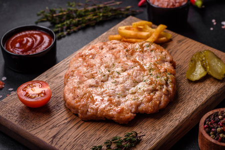 Delicious fresh grilled turkey meat steak with spices and herbs on a dark concrete backgroundの写真素材