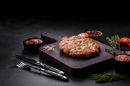 Delicious fresh grilled turkey meat steak with spices and herbs on a dark concrete backgroundの写真素材