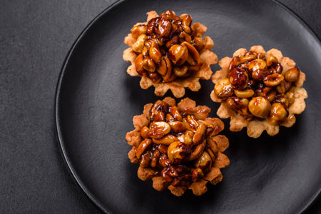 Sweet tasty tart with nuts and honey on a dark concrete background. Delicious nutritious desserts