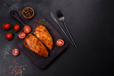 Delicious grilled chicken fillet with spices and herbs on a dark concrete backgroundの写真素材
