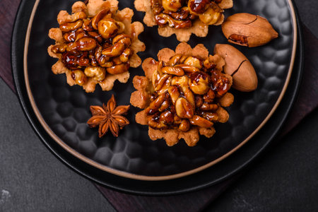 Sweet tasty tart with nuts and honey on a dark concrete background. Delicious nutritious dessertsの写真素材