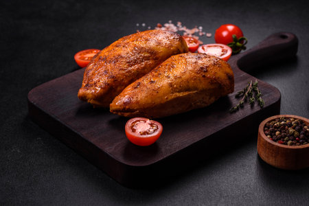 Delicious grilled chicken fillet with spices and herbs on a dark concrete backgroundの写真素材